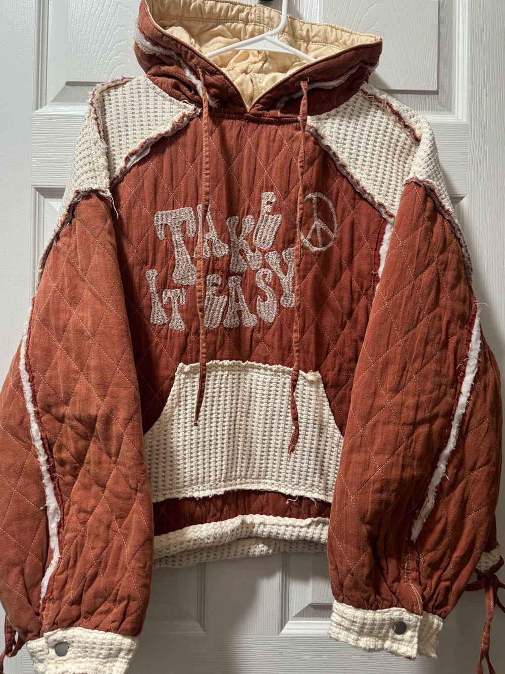 POL Quilted Rust Hoodie with Cream Knit Panels